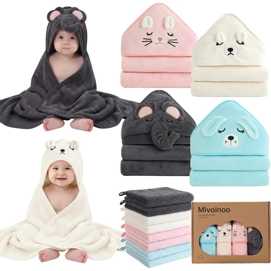 12 Pack Hooded Baby Bath Towel Set,4 Towels and 8 Washcloths