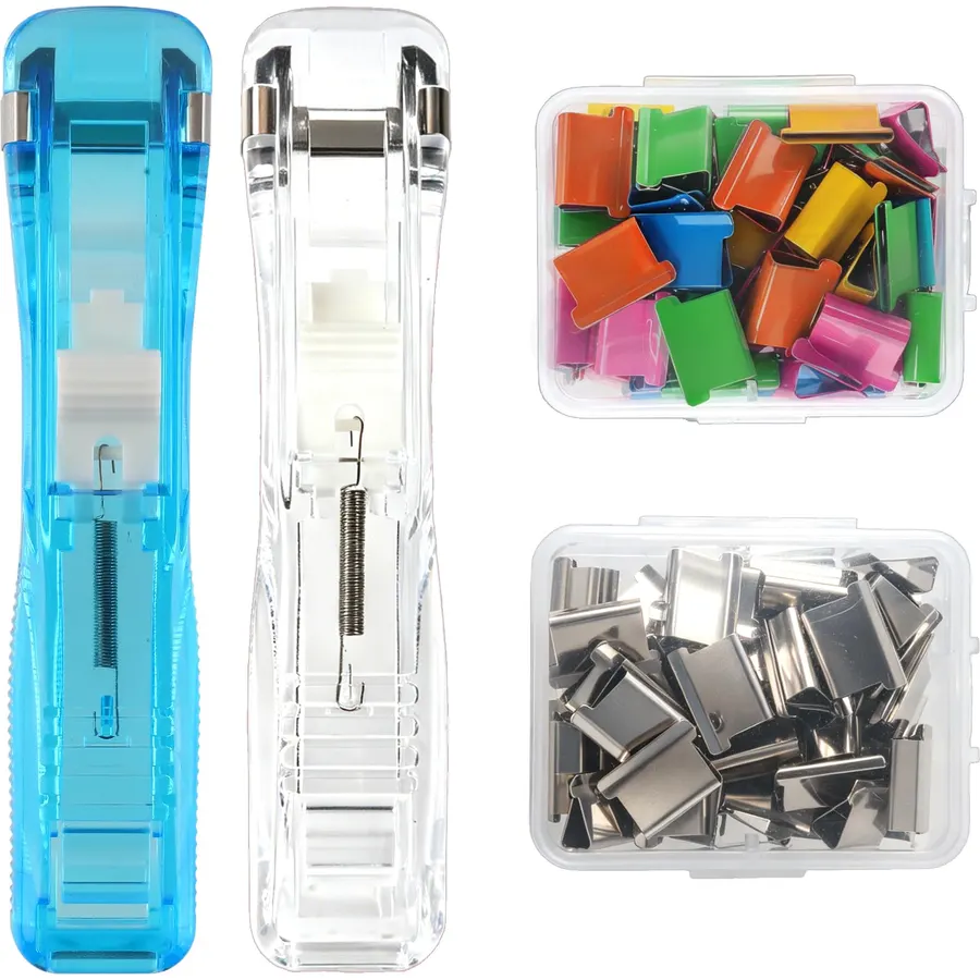 2 Pcs Reusable Portable Paper Clam Clip Dispenser, Binder Clip Stapler with 100 Metal Refill, Mini Push Stapler for Documents School Home Desk Office Supplies