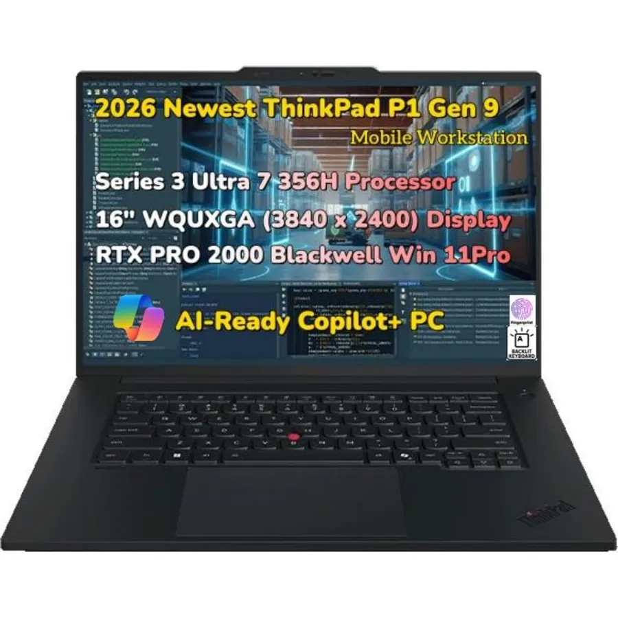 2026 New ThinkPad P1 Gen 9 Mobile Workstation Copilot+ AI Laptop 16" 4K UHD+ 800 nits Display Series 3 Ultra 7 356H Processor 32GB RAM 1TB SSD RTX PRO 2000 Blackwell Graphics Thunderbolt 5 Win 11 Pro
