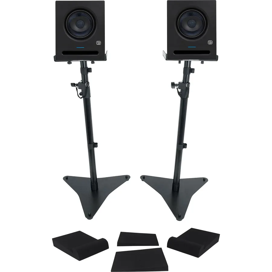 Audiosavings Bundle: (2) Presonus Eris Pro 6 Powered 6" Coaxial 2-Way Studio Speaker Bundle w/Pair Rockville RRS190S Monitor Isolation Pads & (2) Rockville RVSM5 Pair Studio Speaker Stands (7 Items)