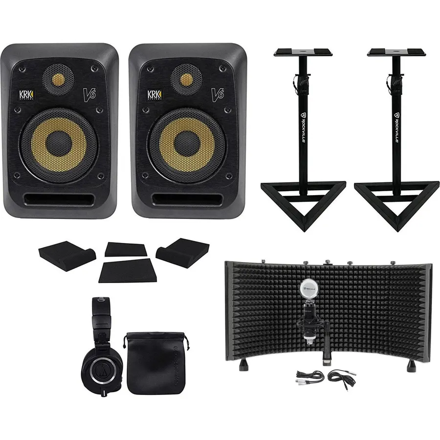 Audiosavings Bundle: (2) 6" Powered Reference Studio Monitor Active Speakers Bundle with (2) Stands + (2) Isolation Pads + Microphone with Shock Mount + Isolation Shield + Headphones (7 Items)
