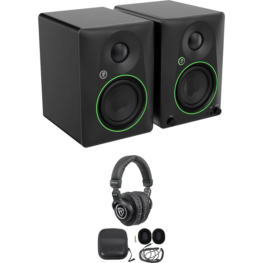 Audiosavings Bundle: Pair of Mackie CR4.5 4.5" Powered Studio Monitors with Tone Control Bundle with Rockville PRO-M50 Studio Headphones with Detachable Coil Cable (2 Items)