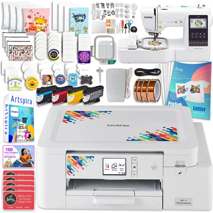 Brother SP-1 Sublimation Printer Bundle with SE700, Full Ink Set, 160 Sublimation Transfer Sheets, 50 Blanks, Tape and More