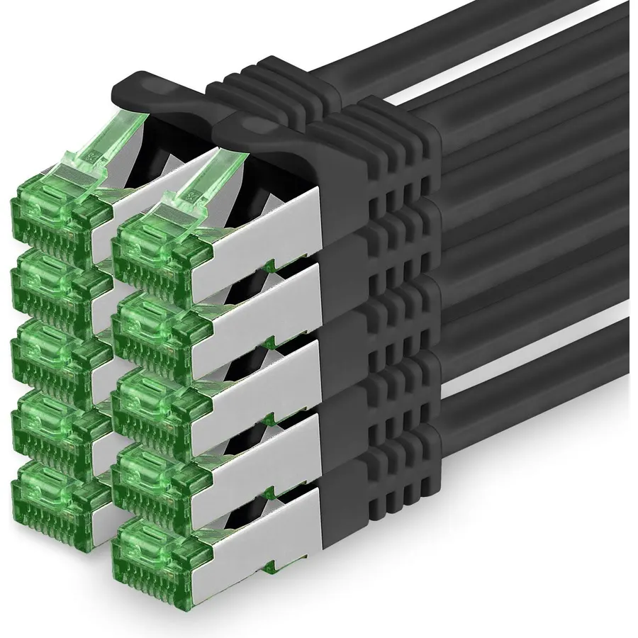 Cat.7 ethernet Cable 5m - Black - 10 Pieces - Cat7 LAN Network 10GBASE-T - 10000 Mbps (Sftp Pimf) Double Shielded patchcable RJ45 Plug Cat.6a