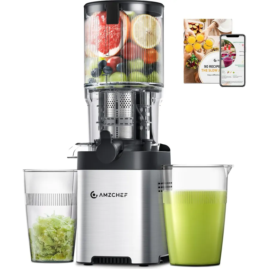 Cold press Juicer Machines with Extra Self-Feeding for Whole Vegetable & Fruit, Juice Extractor with Large Auger & Triple Strainers, Easy to Clean, High Juice Yield, Stainless Steel Silver