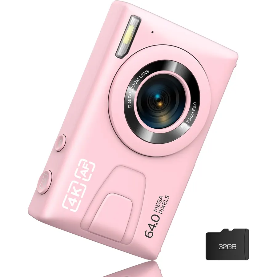 4K Digital Camera for Photography, Autofocus 64MP for Vlogging Dual Lens Selfie Camera 18X Digital Zoom 64GB SD Card, 2 Batteries for Beginner