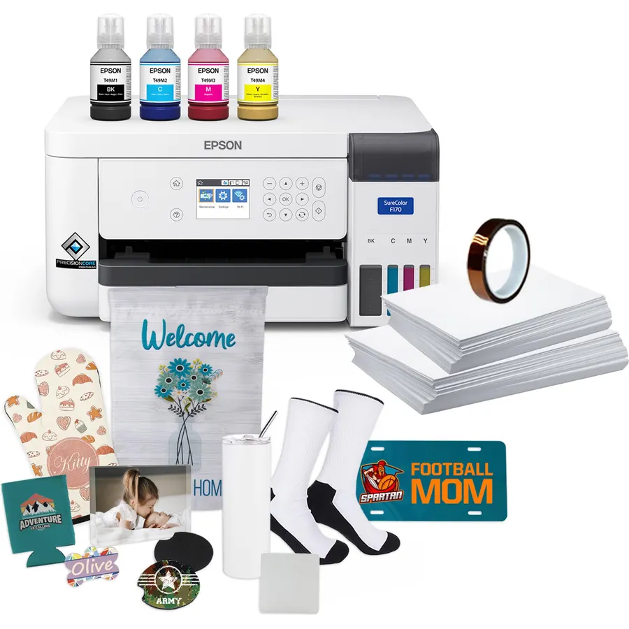 Epson SureColor F170 Dye-Sublimation Printer. Includes Full Set of Ink, User Guide, AC Power Cable, Sublimation Starter Kit, Thermal Tape, 8.5" x 11" & 8.5" x 14" Paper SCF170