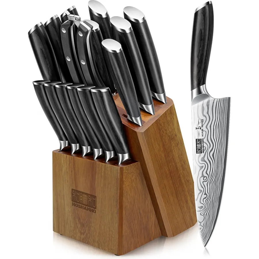 Kitchen Knife Set with Block, 15-Piece Stainless Steel Chef Knife Set, Kitchen Knives with Steak Knives, Honing Rod & Kitchen Scissors, Knife Block Set