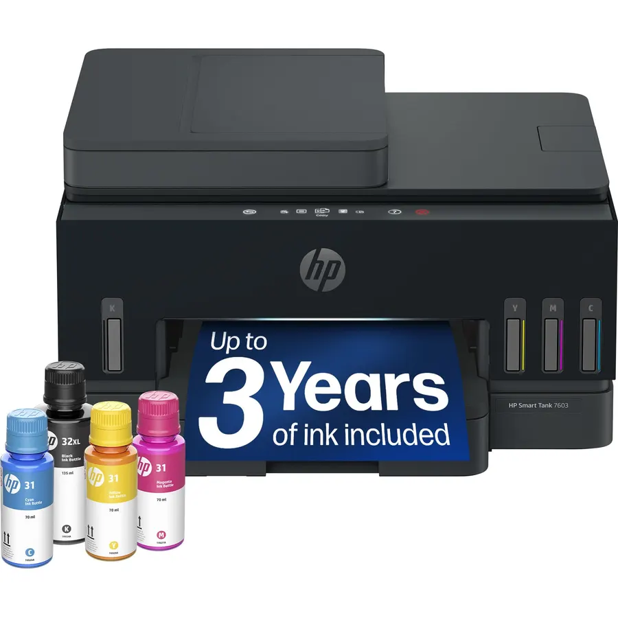 HP Smart Tank 7603 Wireless All-in-One Ink Tank Printer, Scanner, Fax, Copier with up to 3 Years of Ink Included, Best-for-Home Office, Cartridge-Free Refillable, AI-Capable (D34F7A)