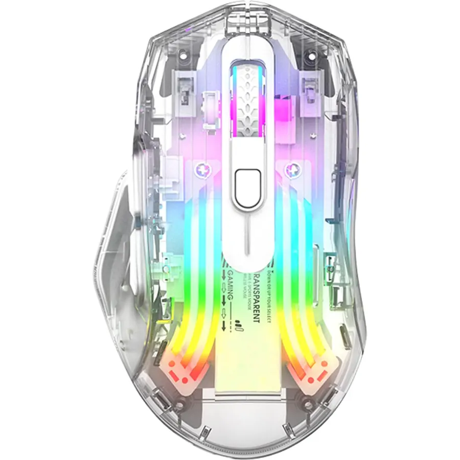 HXMJ-Wireless Gaming Mice with Transparent Crystal Shell,Tri-Modes (USB Wired+2.4G Wireless+Bluetooth),Silent Click,RGB Backlit-White