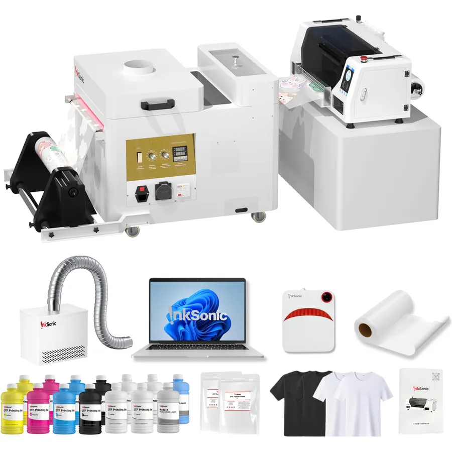 InkSonic A3+ Dual XP600 DTF Printer, Double Heads XP600 DTF Printer Machine with Powder Shaker & Dryer, 13“ Apparel Printer with Air Purifier & Laptop, Automatic Maintenance and Curing, Direct to Film