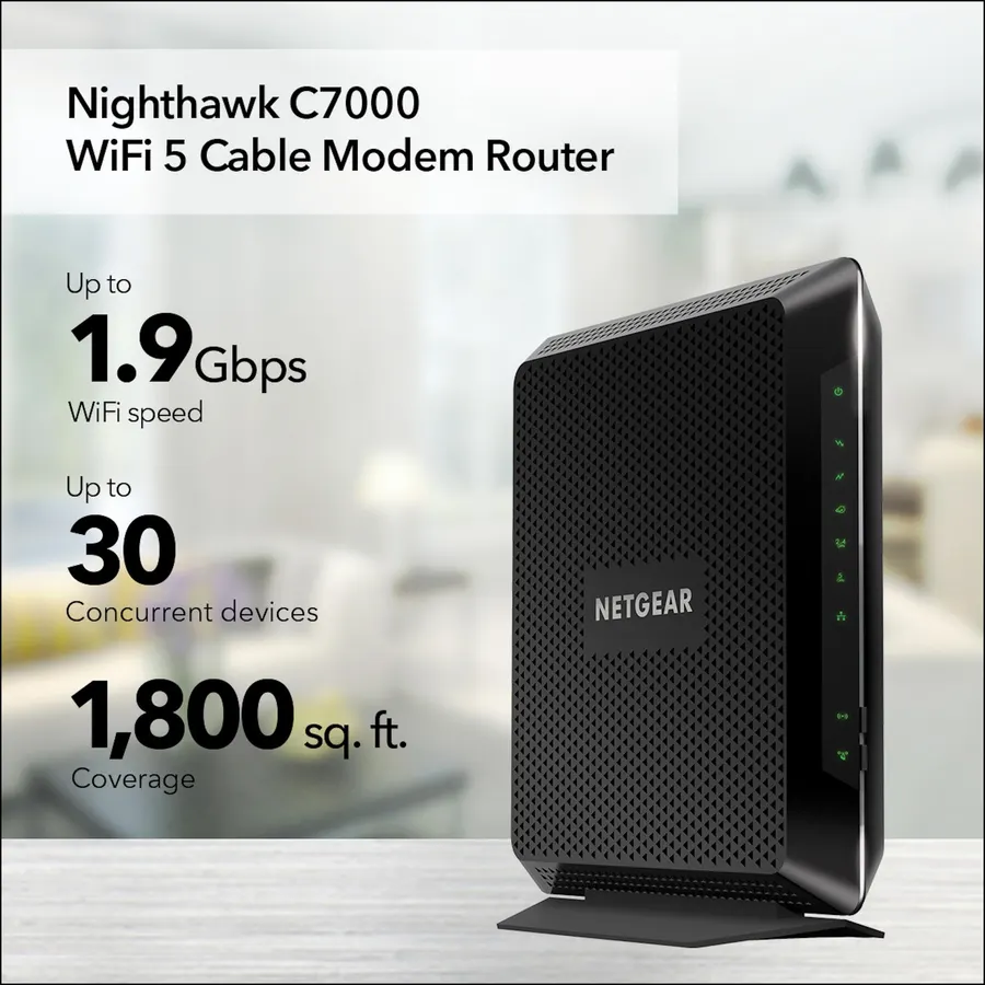 NETGEAR Nighthawk DOCSIS 3.0 Modem Router Combo C7000, WiFi 5, 1.9 Gbps