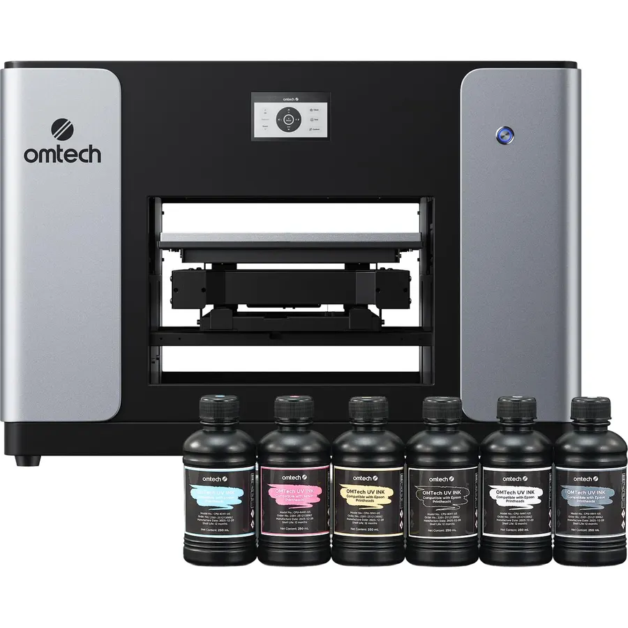 OMTech Spectra Pro A3+ UV Printer with Dual F1080 Printheads, CMYK + White + Varnish, 2.4 m²/h High Speed, 13.8"x17.7" Desktop Flatbed, Auto Cleaning, 3D Textures, Open Ink Platform