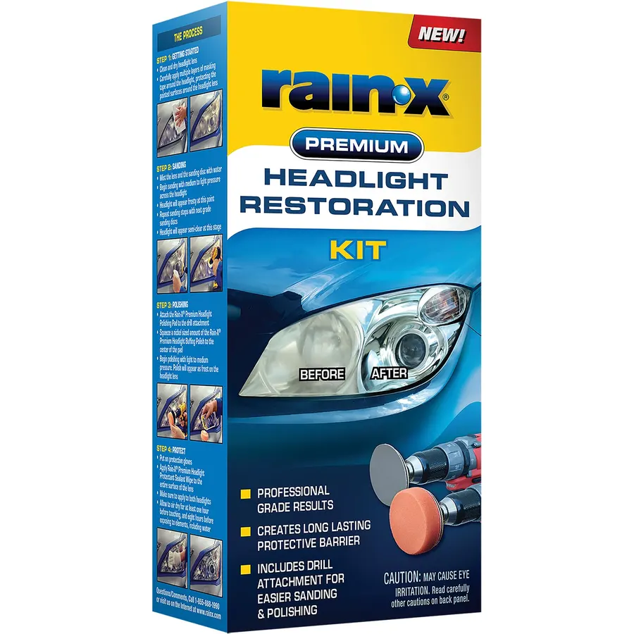 Rain-X 610153 Headlight Restoration Kit - Car Light Lens Cleaner/Restorer with Sanding & Polishing Drill Attachments & Sealant Wipe, Removes Scratches & Oxidation- All in 1 Long Lasting Formula