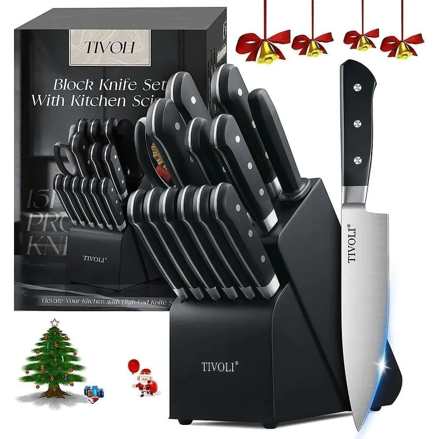 Knife Set, 15 Pcs German High Carbon Stainless Steel Kitchen Knife Set, Knife Sets with Block and Sharpener,Enduring Razor-Sharp FSC Wooden Knives Block Set for Kitchen，Nature