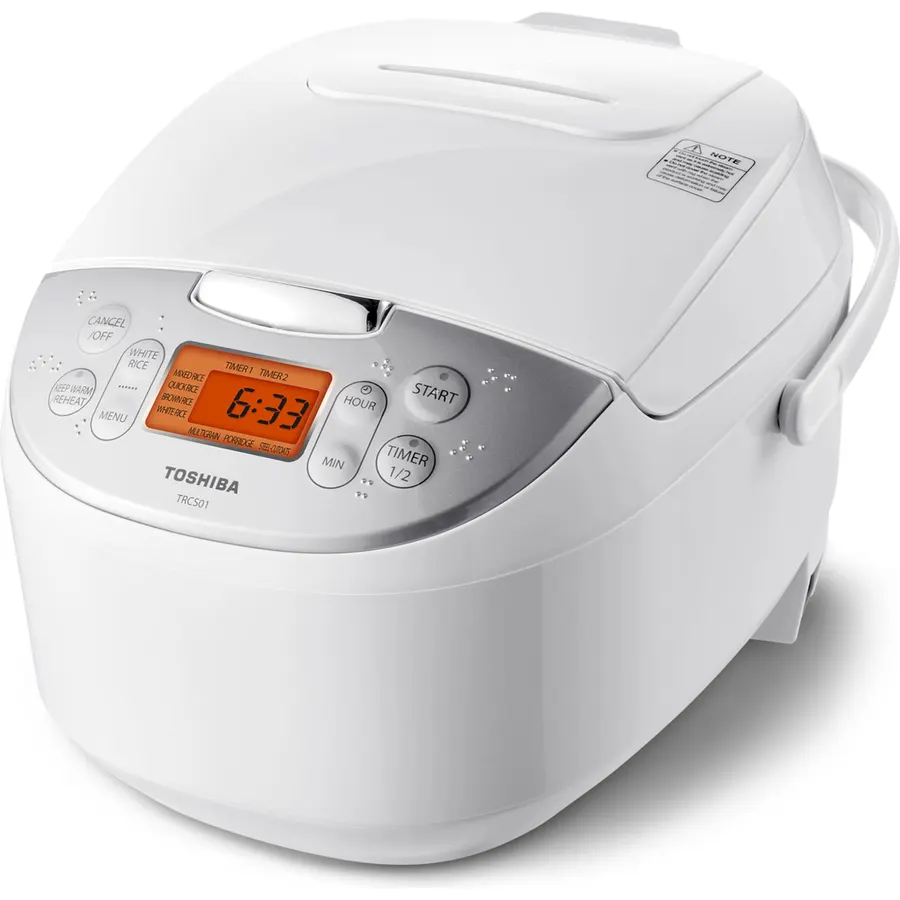 Toshiba Rice Cooker 6 Cup Uncooked Japanese Rice Cooker with Fuzzy Logic Technology, 7 Cooking Functions, Digital Display, 2 Delay Timers and Auto Keep Warm, Non-Stick Inner Pot, White